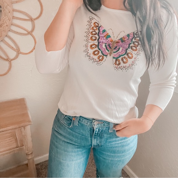 Vintage Tops - Vintage 90s Butterfly Sequin Beaded Sparkle Soft Y2K Fairy Top Shirt Sweater